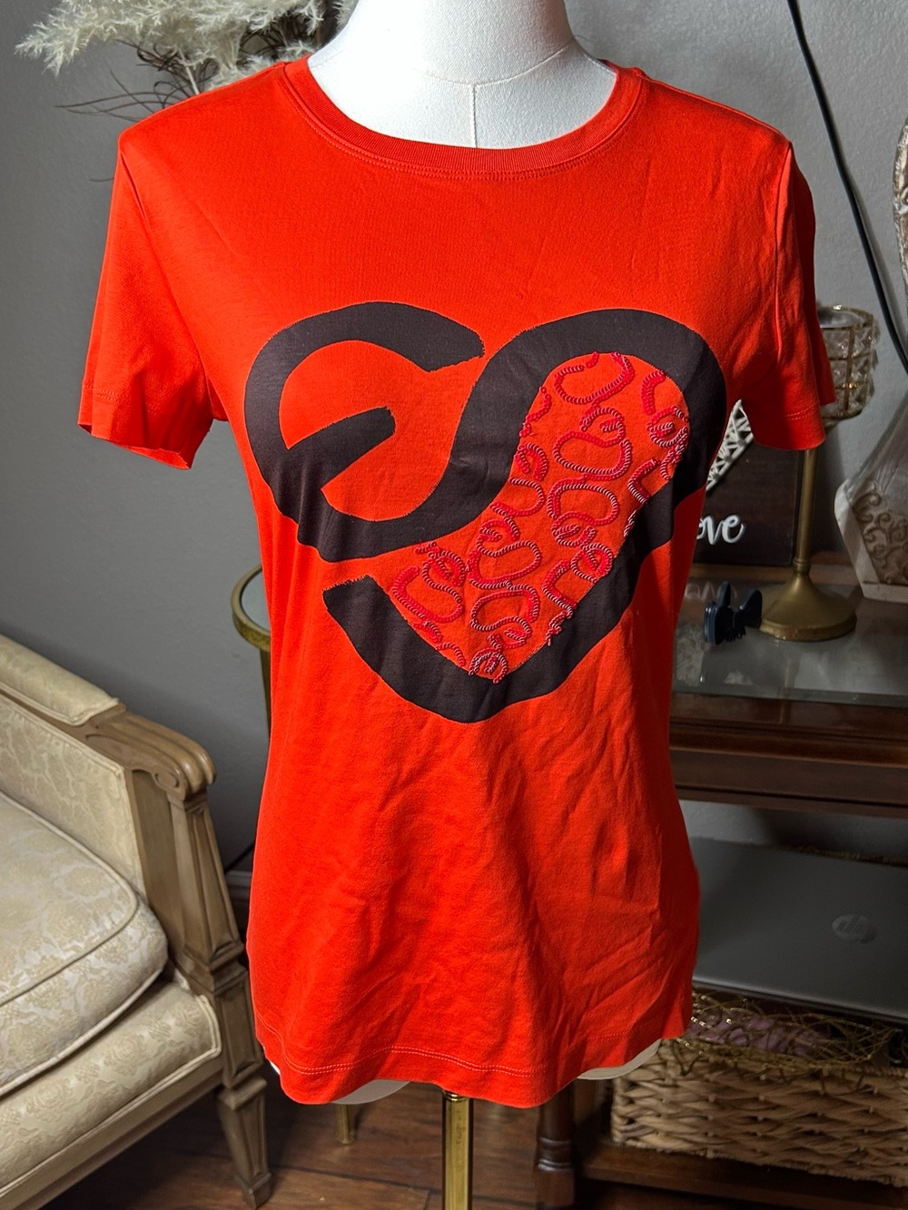 Escada Sport Bright Red Short Sleeve Tee with Black Heart Graphic
